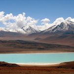 View of the Laguna Verde (Green Lake) from a volcano on the border of Chile and Bolivia